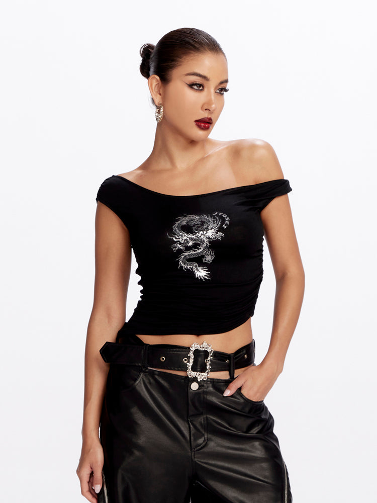 Asymmetry Tight Dragon Short One-Shoulder Tops