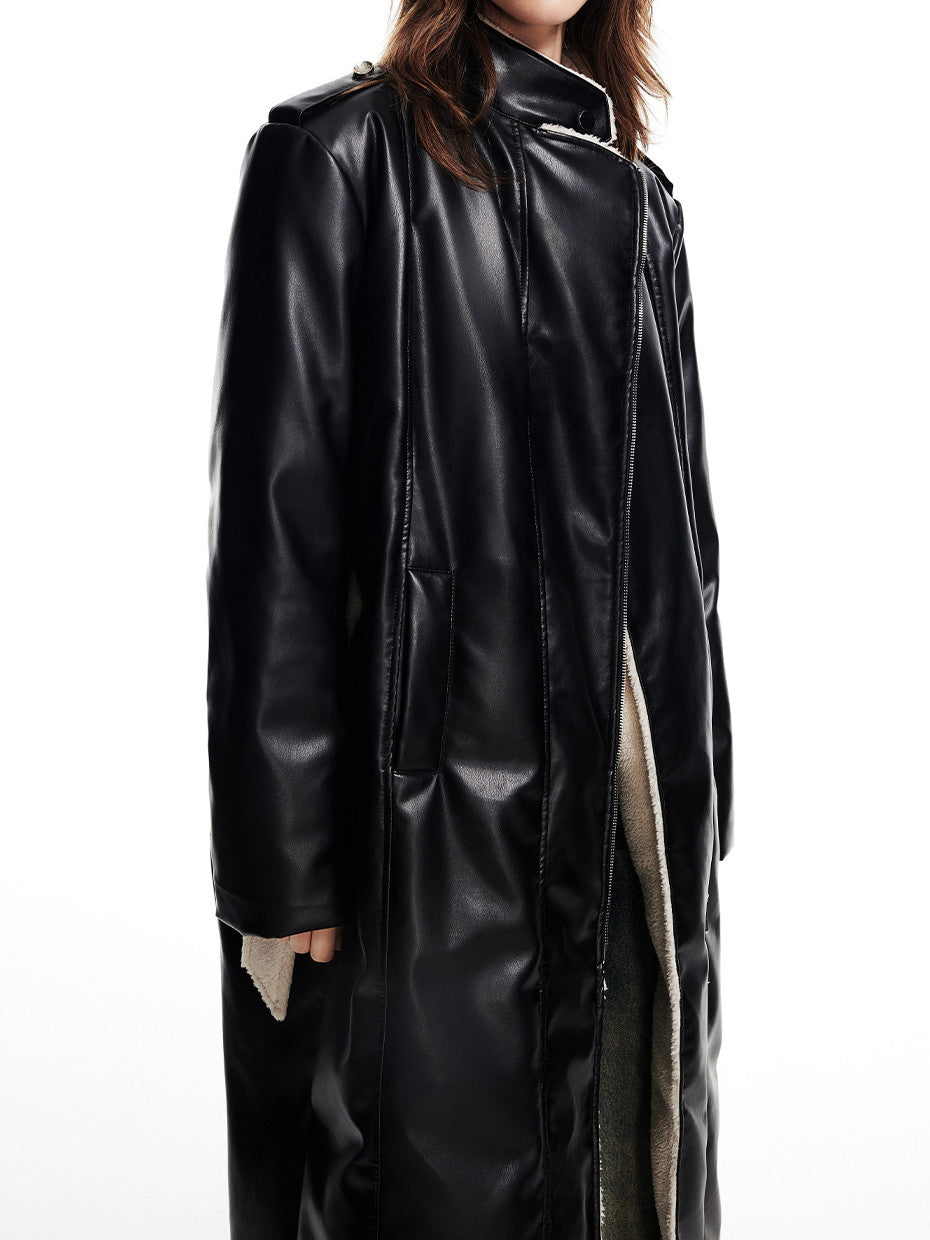 Leather High-End Boa Stand-Collar Plain Overzie Zip Long-Coat