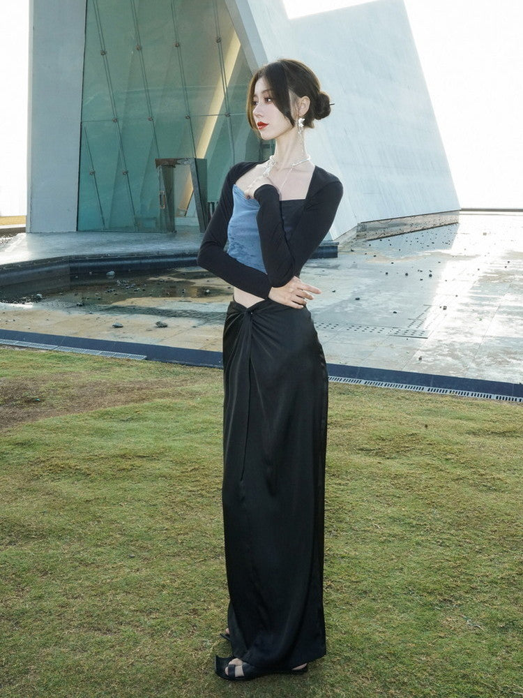 Simple Plain Drape High-Waist Long-Skirt