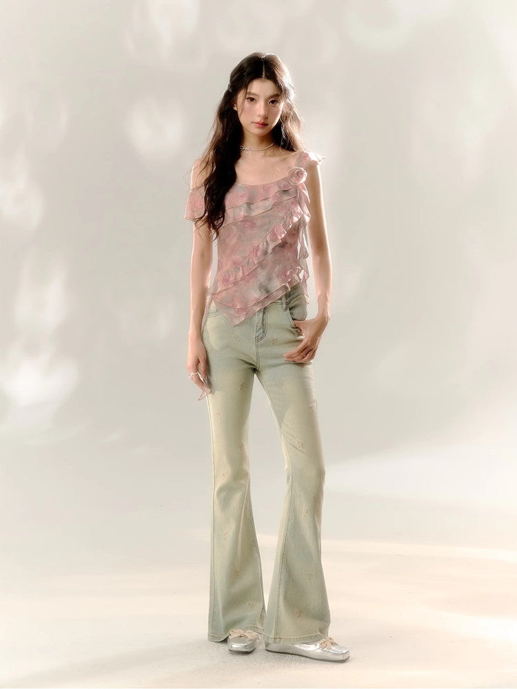 Asymmetry Ciffon Frill Flower Rose Drape Tops