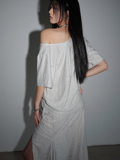 T-Shirt＆Long-Skirt Asymmetry Loose One-Shoulder Casual Nichi Set-Up