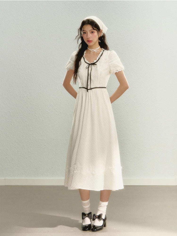 Girly Dot Lace Long Retro Ribbon Dress