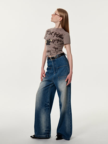 Faded Denim Wide-Leg Casual Pants