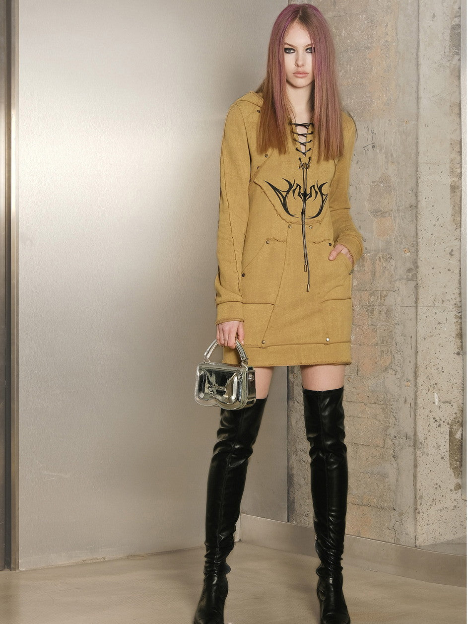 Lace-Up Casual Hoodie Rivet Parka-One-Piece