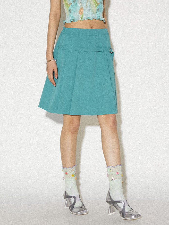 Box-Pleats Simple Belt Casual Middle Plain Skirt