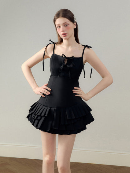 Tiered Pleats Frill Camisole Shoulder-Ribbon Plain Short Dress