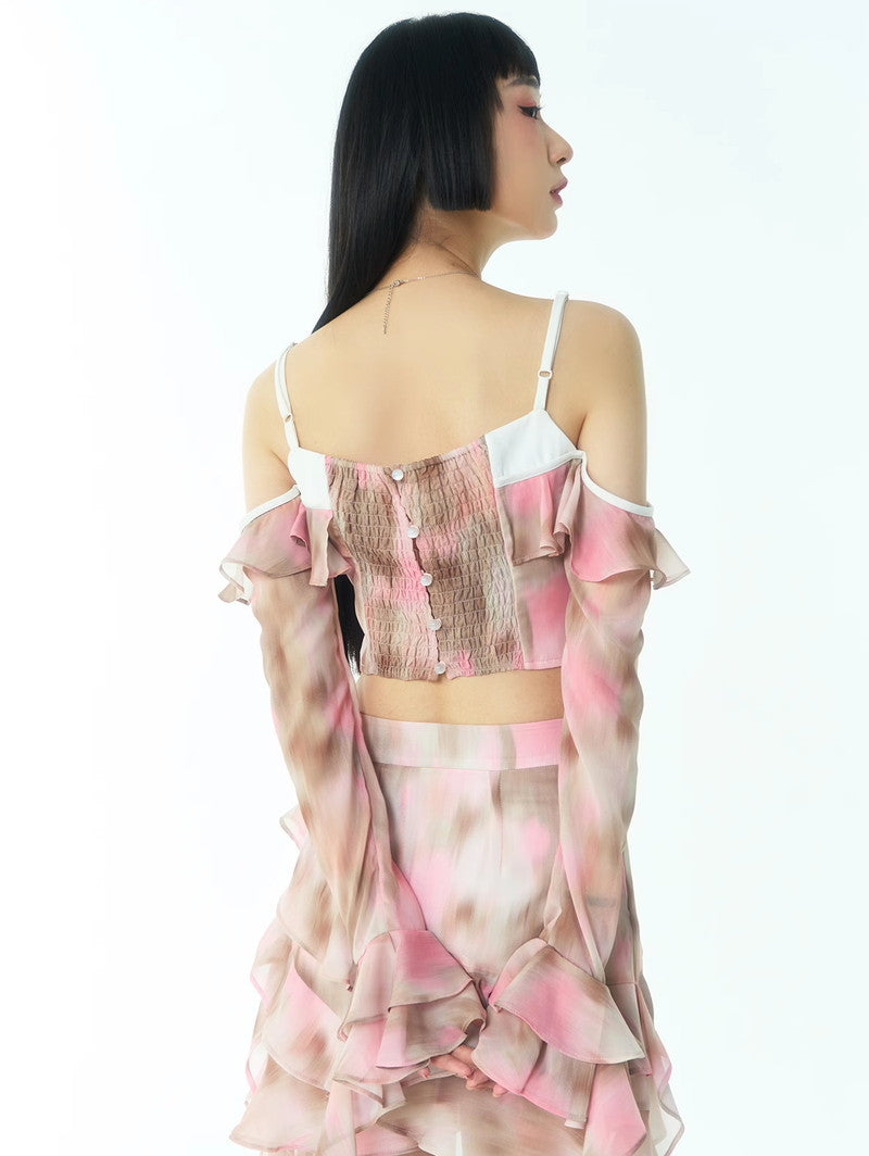 Tie-Dye Fake Fake-Off-Shouler Ruffle Rassemblez les hauts d&