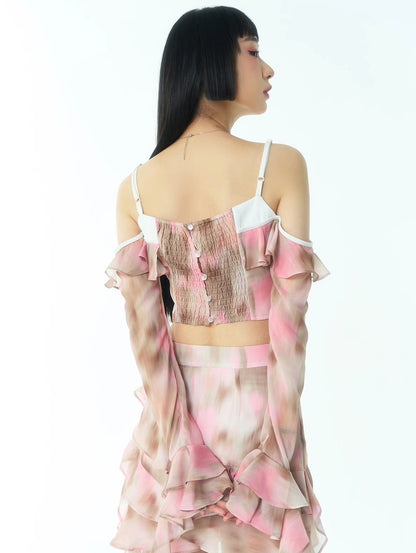 Tie-Dye Sheer Fake-Off-Shouler Ruffle Gather Watercolor Tops