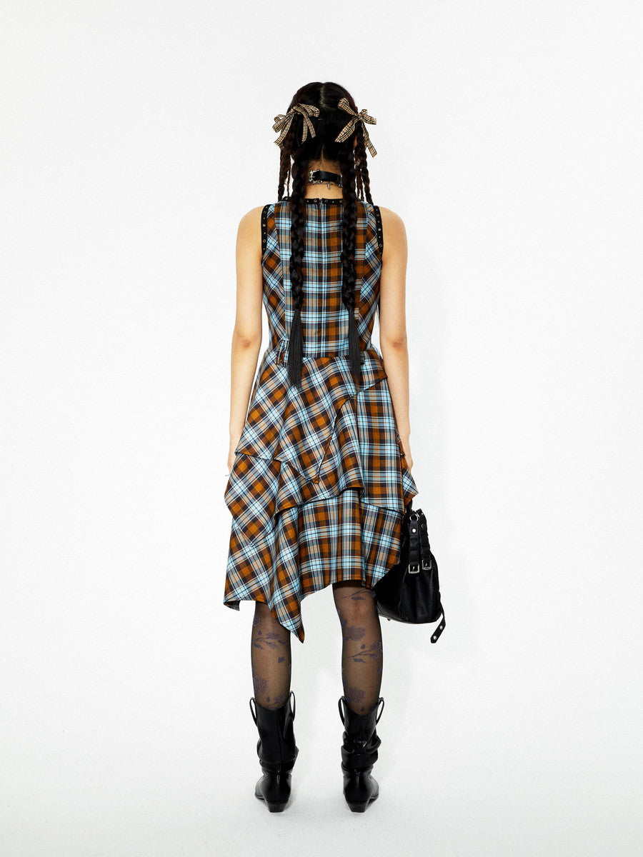 Checked Asymmetry Hem-Skirt Fluffiy One-Piece