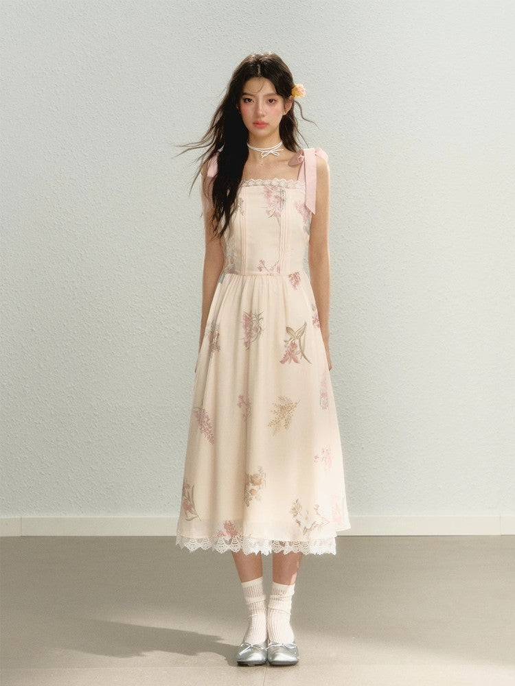 Shoulder-Ribbon Long Flower Lace Feminine Dress