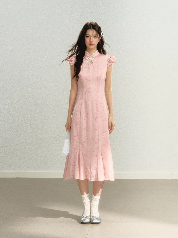 China Flower Frill-Sleeve Long Retro Dress