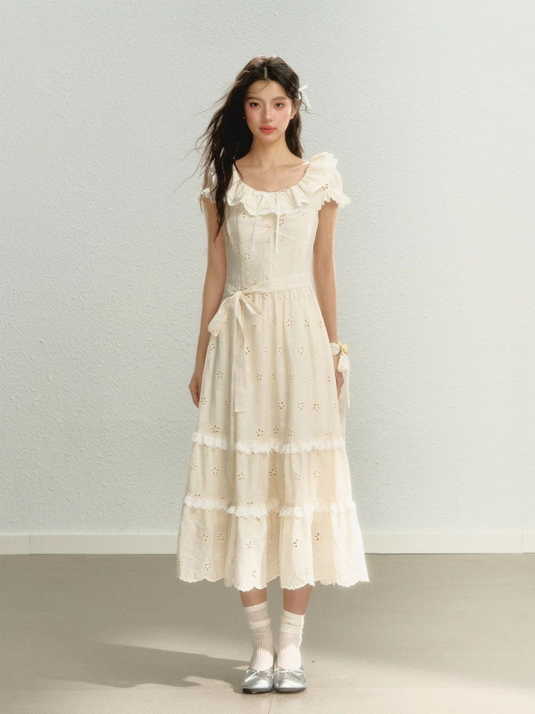 Punching Flower Frill Tiered Girly Long Dress