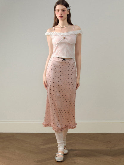 Satin Dot Lace frill Cute Long-Skirt