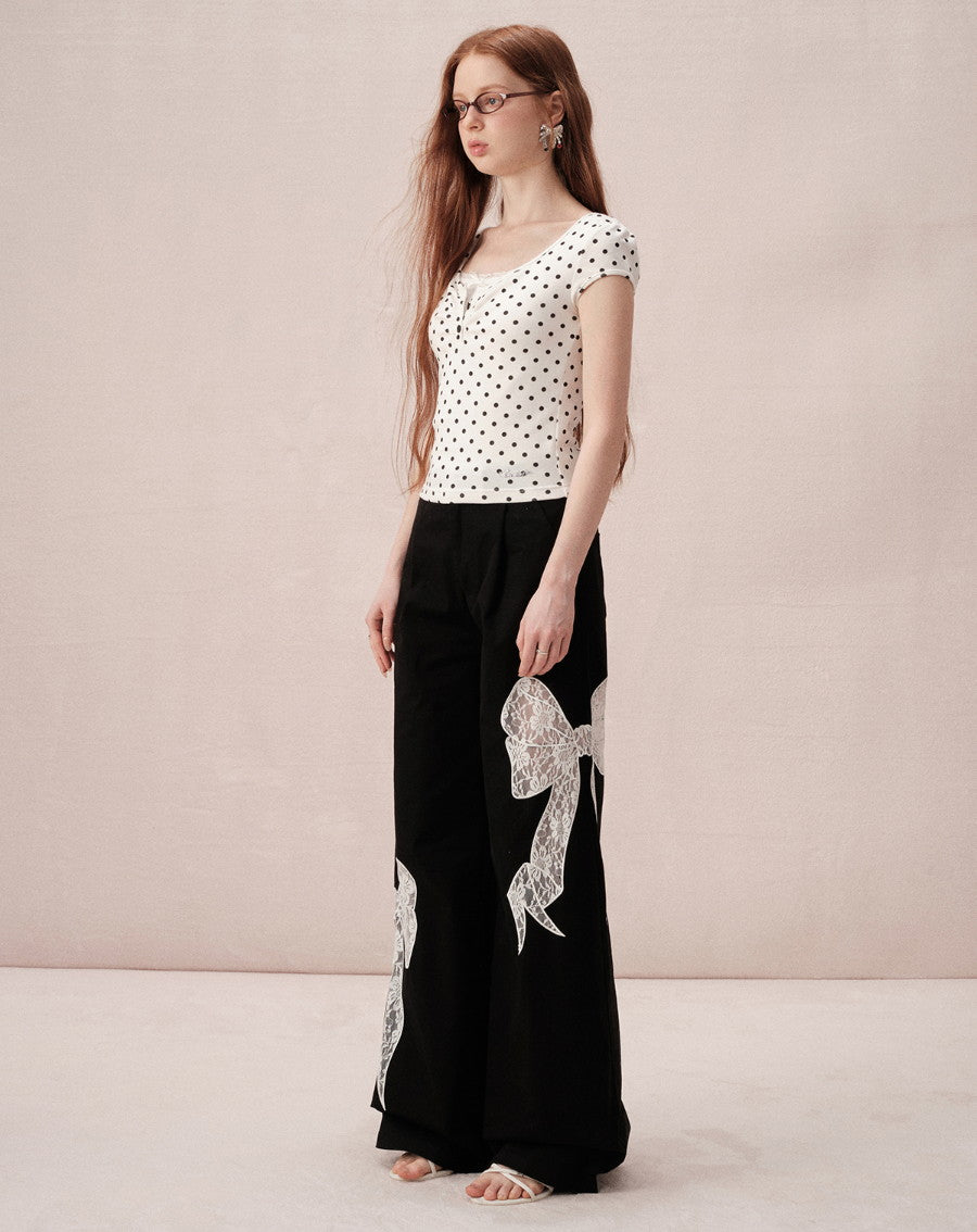 Lace Ribbon Cute Nichi Loose Wide-Pants