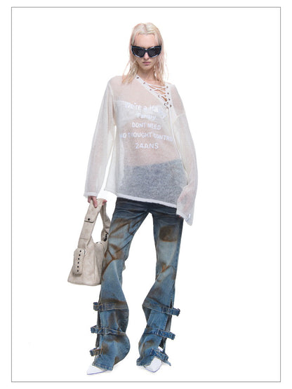 Mesh See-Through Asymmetry Lace-Up Oversize Tops