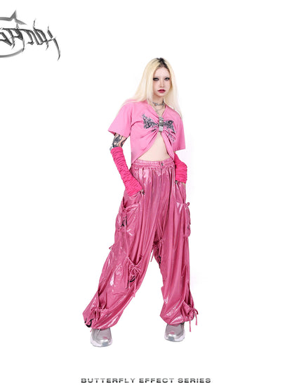 Glossy Metallic Drawstring Vasual Wide-Pants