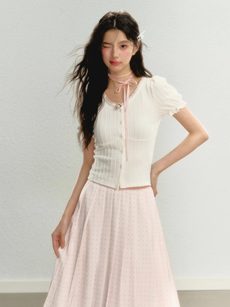 Candy-Sleeve Rose Slim Lace Summer-Knit