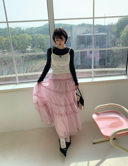 Tulle Ciffon Tiered Sheer Volume Long-Skirt