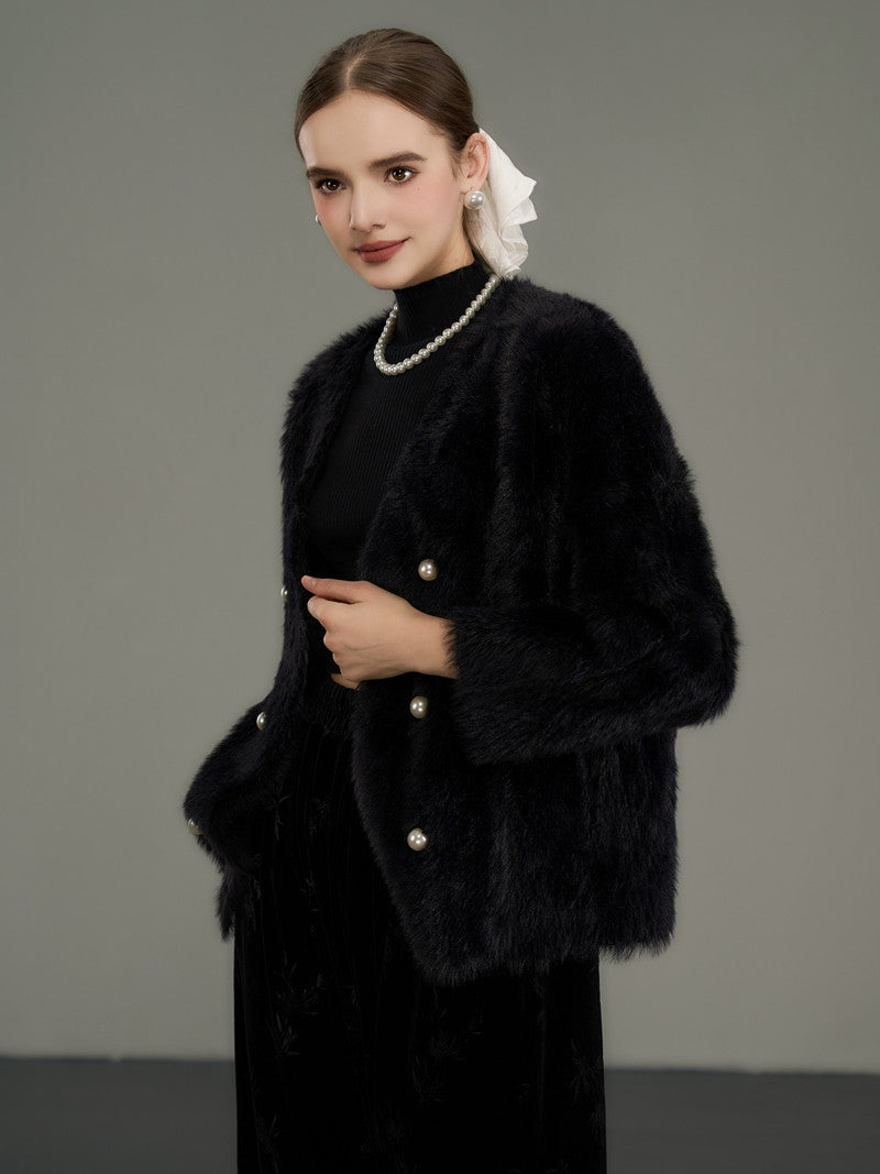 Pearl-Button Luxury Thick Simple Chic Fur-Jacket