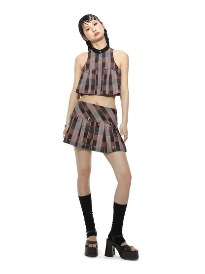 Checked Falten Flare Sleevesss Cropped Tops