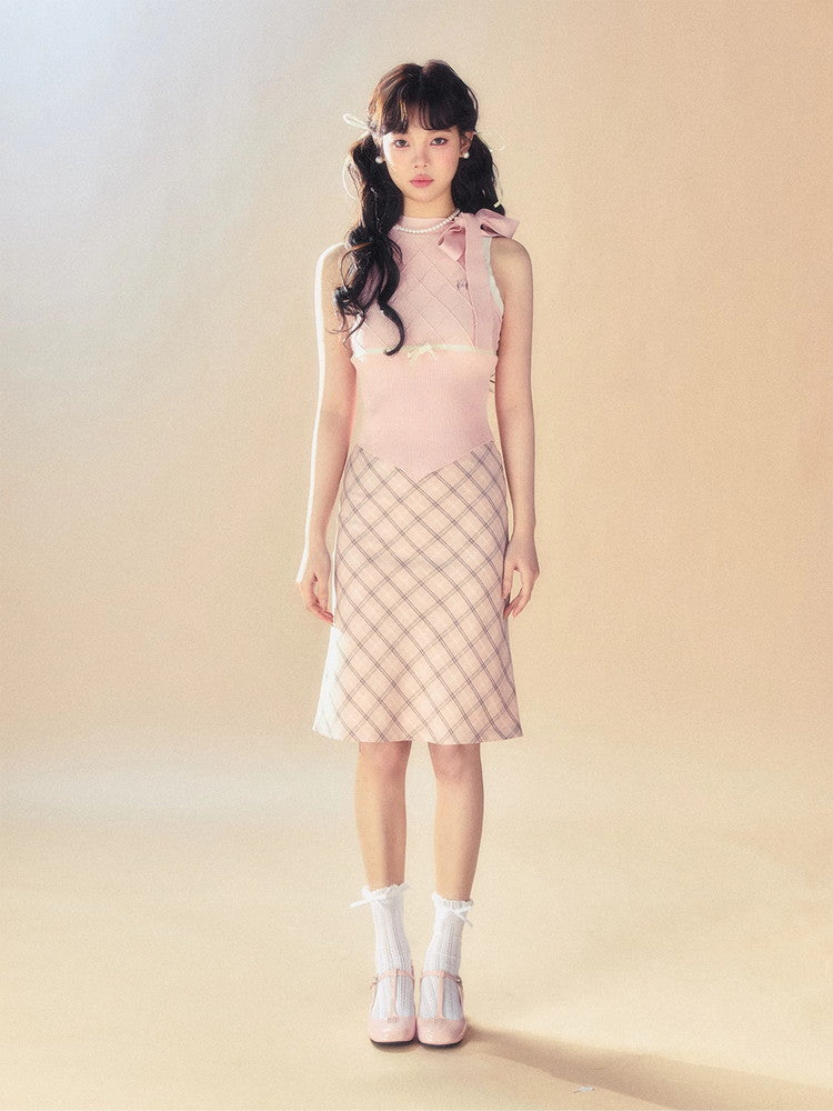 Checked Ribbon Girly Middle Simple Skirt