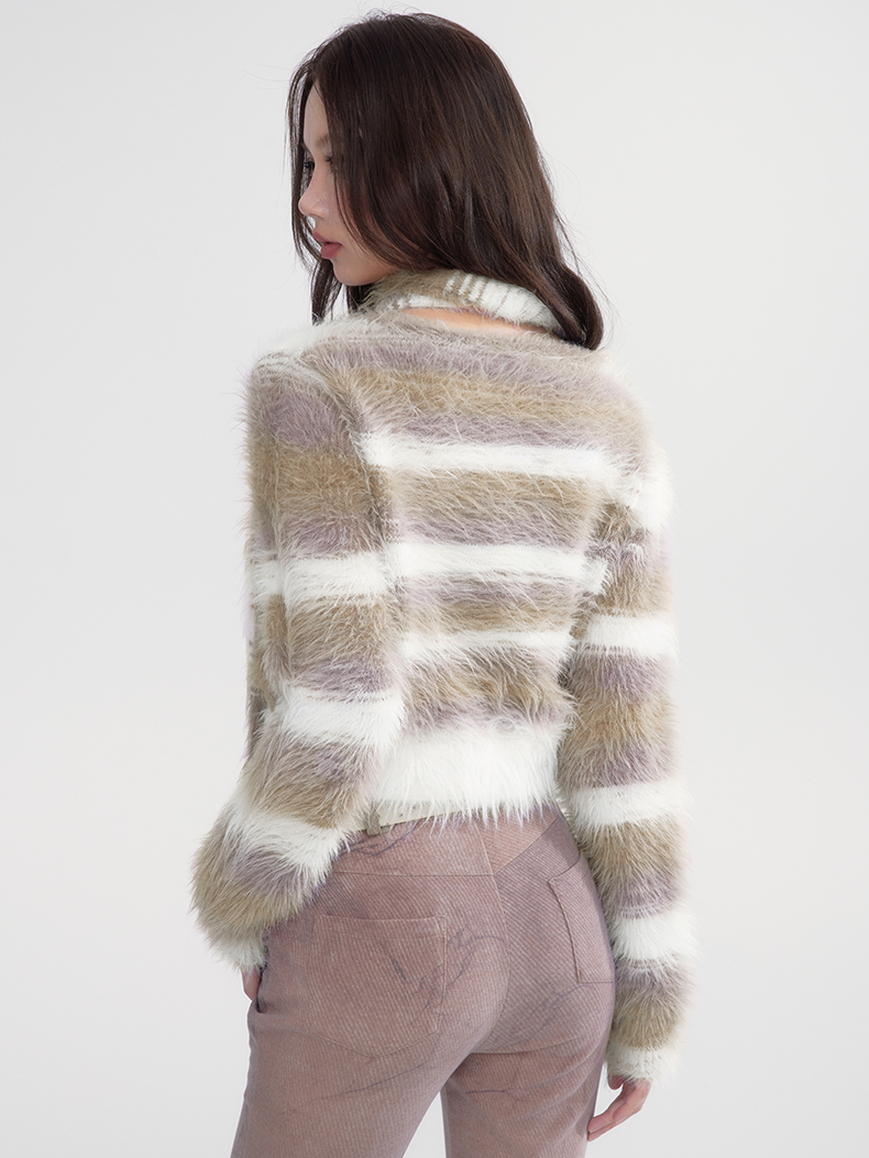 Border Retro Fluffily Slim-Tie Mohair-Knit