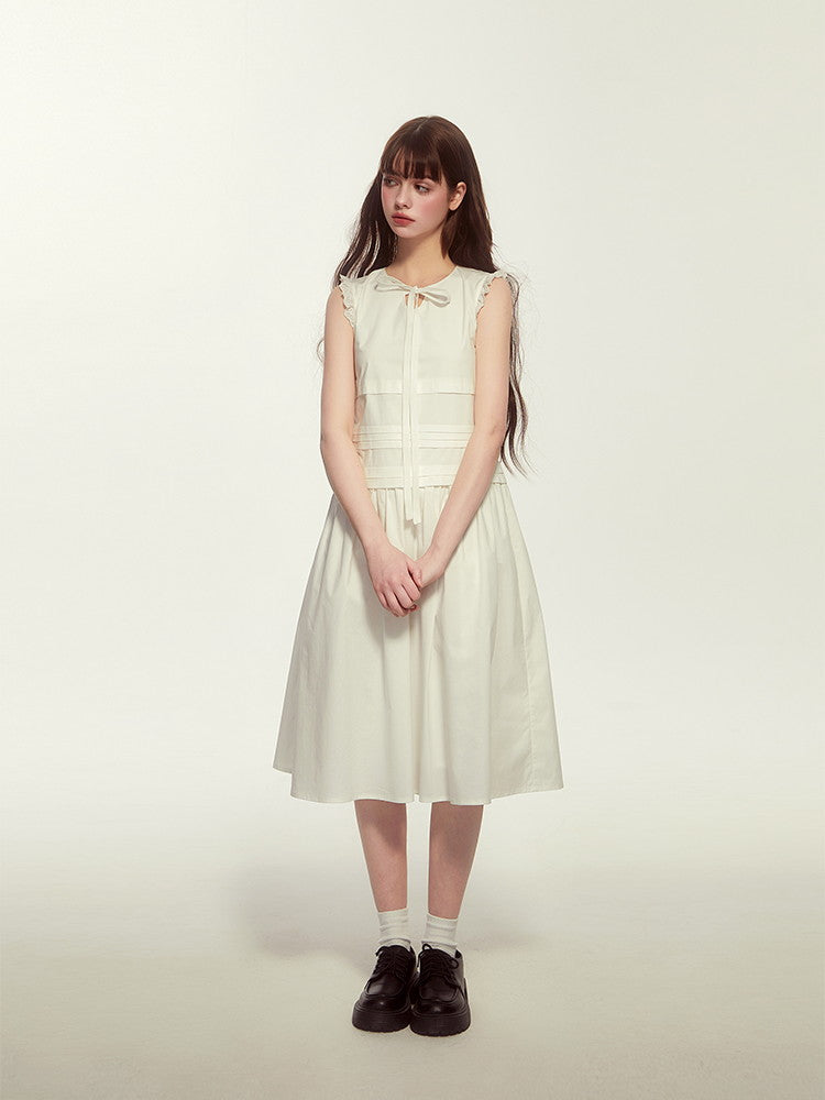 Frill Retro No-Sleeve Girly Ribbon Crease Dress