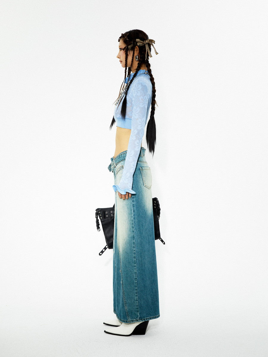 Faded-Denim Pencil-Skirt Casual Maxi Long-Skirt