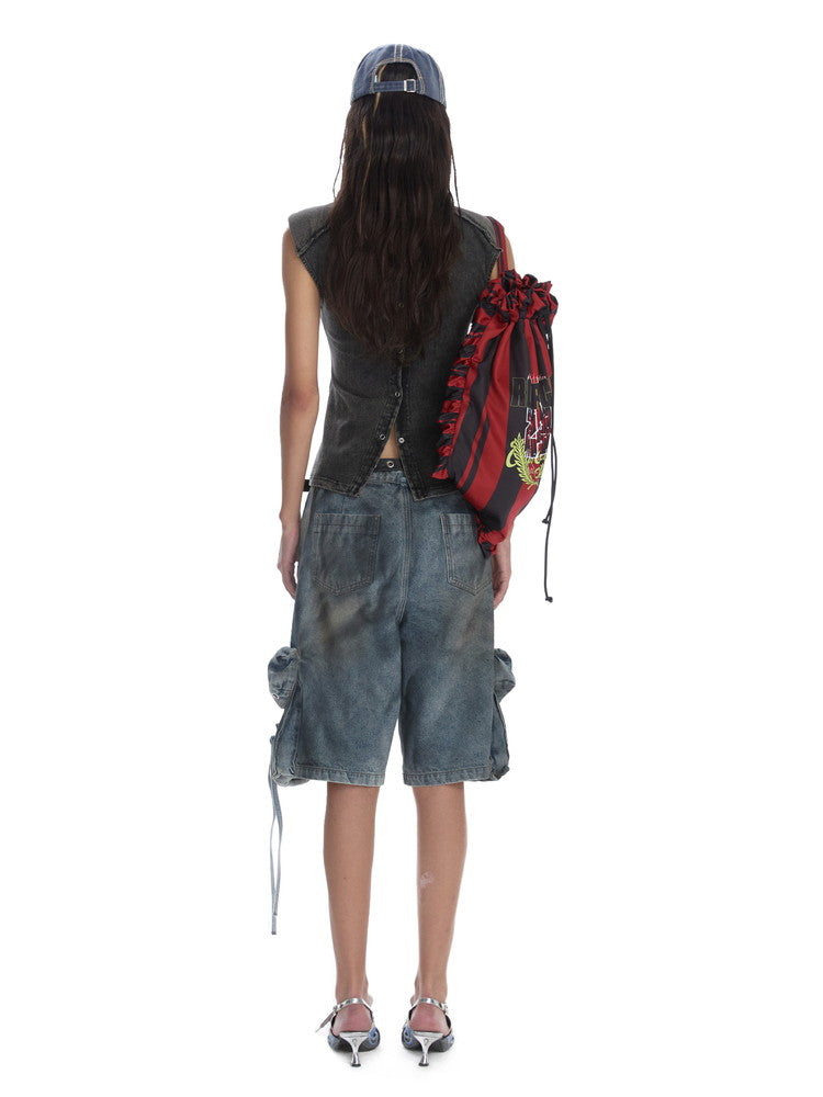 Denim Drawstring Loose Big-Pocket Half-Pants