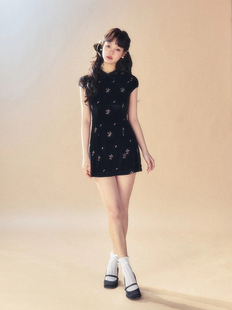 Velvet Short Embroidery Flower China Puff-Sleeve Dress