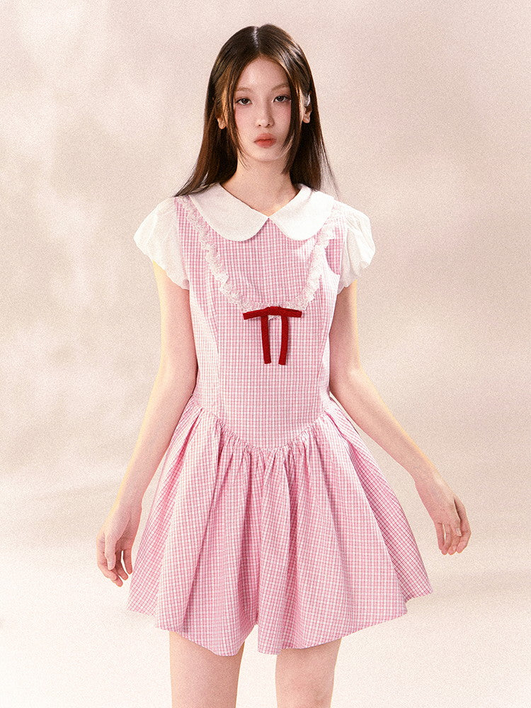 Checked Girly Lace Frill Retro Flare Dress