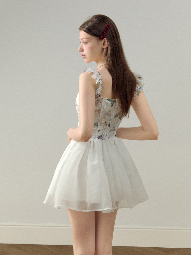 Embroidery Butterfly Lace Ribbon Ciffon Ceminine Fluffily Short Dress