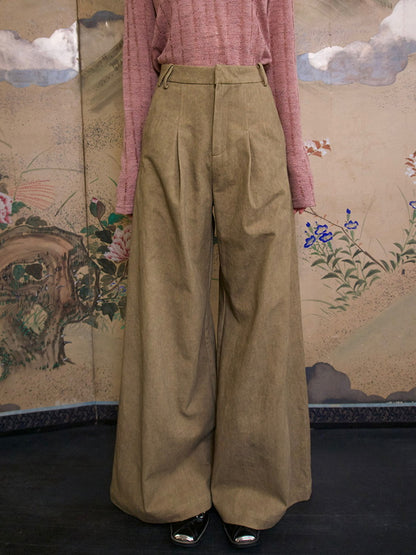 High-Waist Natural Loose Plain Wide-Pants