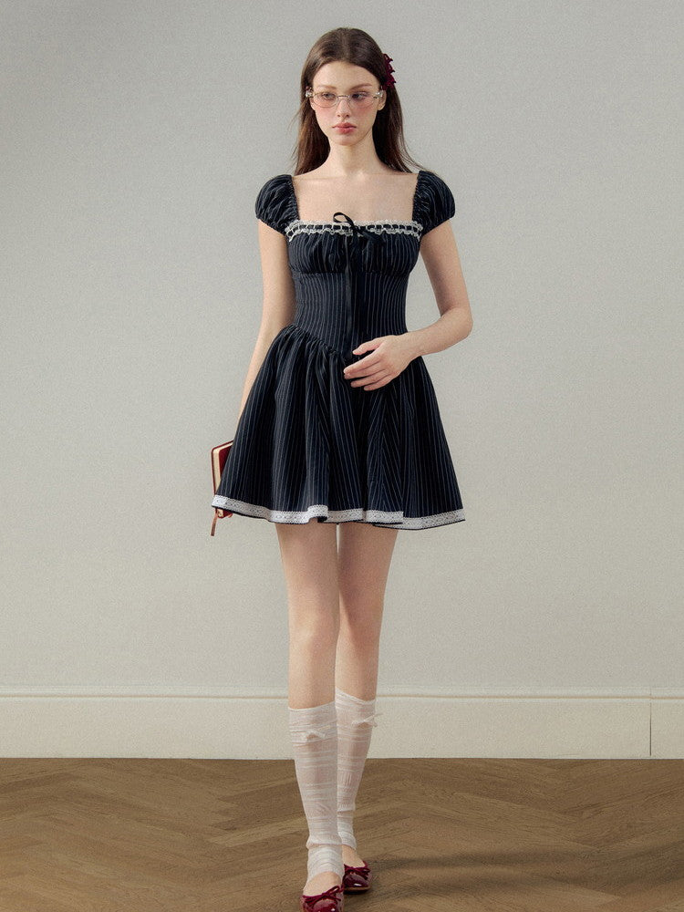 Stripe Square-Neck Puff-Sleeve Lace Girly Flare Dress