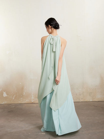 Refreshing American-Sleeve Long Layered Dlare Long Plain Dress