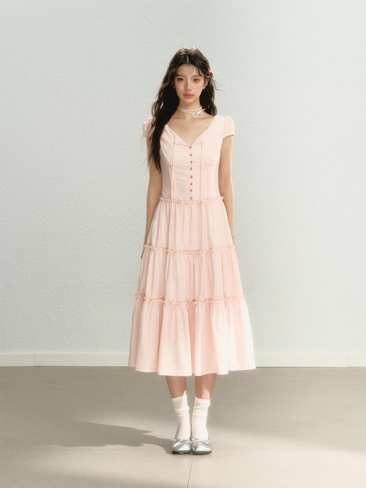 Tiered Ribbon Frill Giryl Long Dress