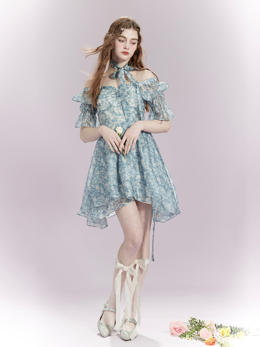 Ciffon Flower Asymmetry Frill Feminine One-Piece