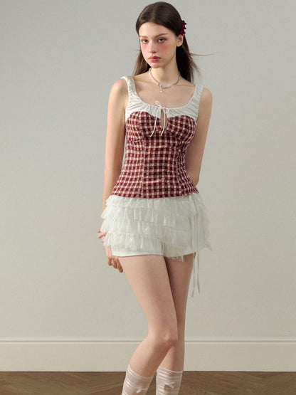 Set-Up Checked Lace No-Sleeve Slim Girly Tops＆Short-Pants