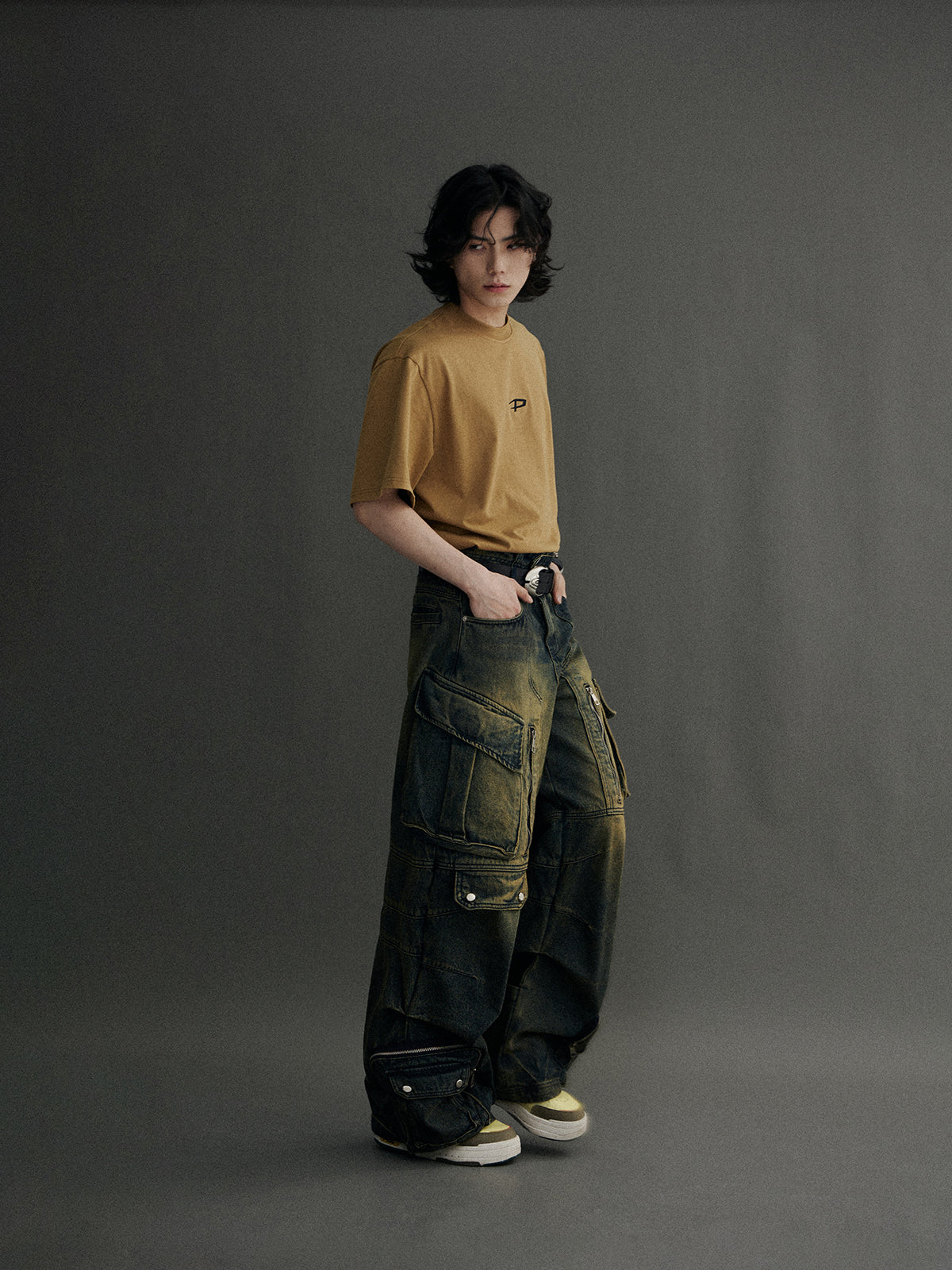 Faded Denim Wide-Leg Causal Pants