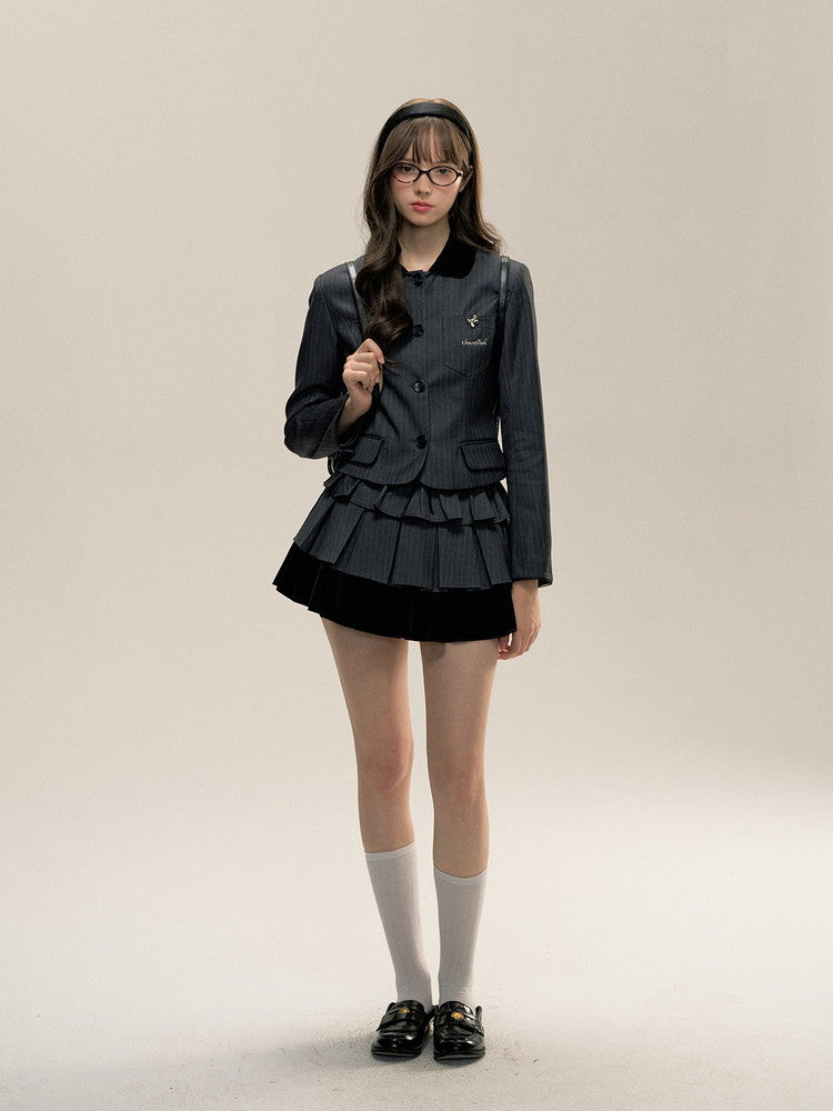 Set-Up Stripe Frill Tiered College Girly Jacket＆Mini-Skirt