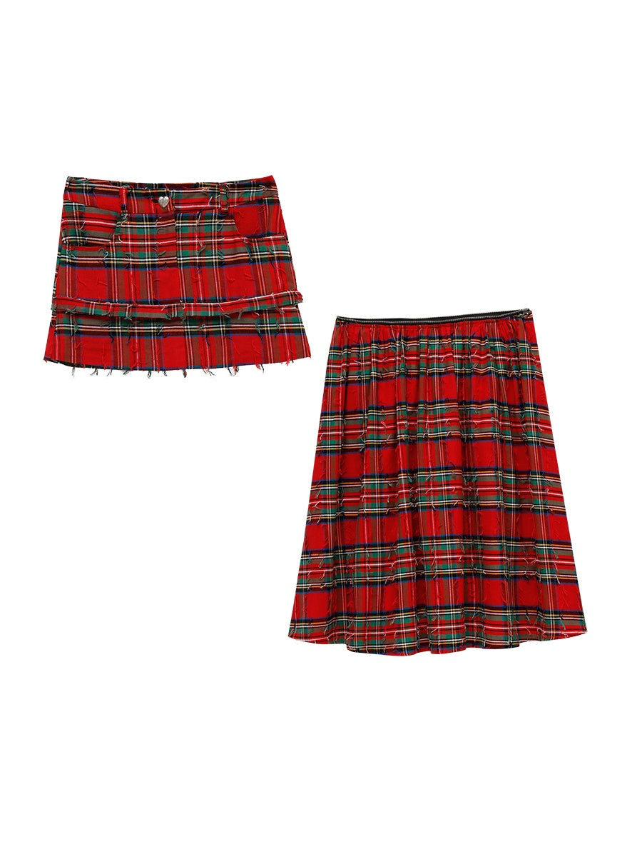 2Way Checked Girly Punk Unique Short-Skirt Long-Skirt