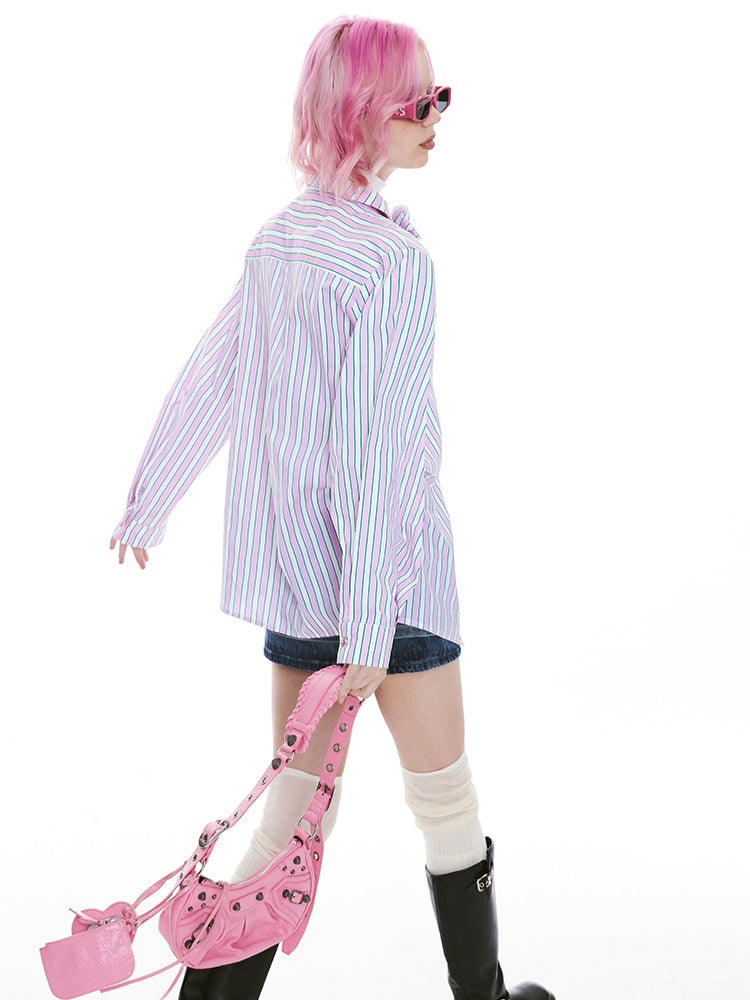 Stripe Ribon-Tie Asymmetry Ovreisze Casual Shirt