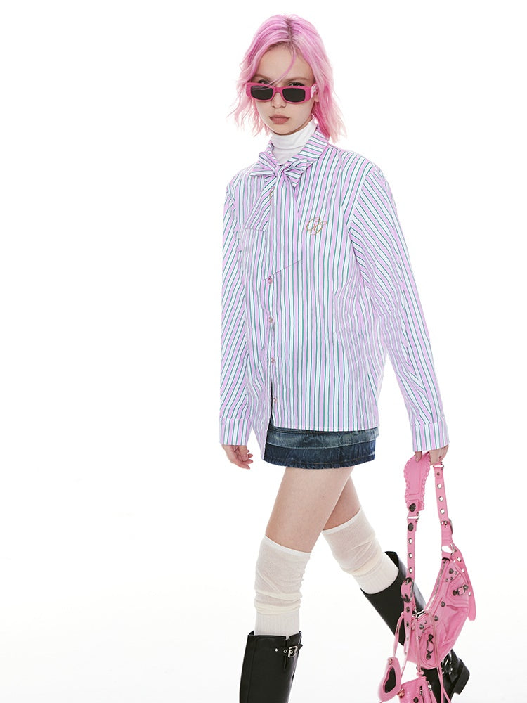 Stripe Ribon-Tie Asymmetry Ovreisze Casual Shirt – ARCANA ARCHIVE