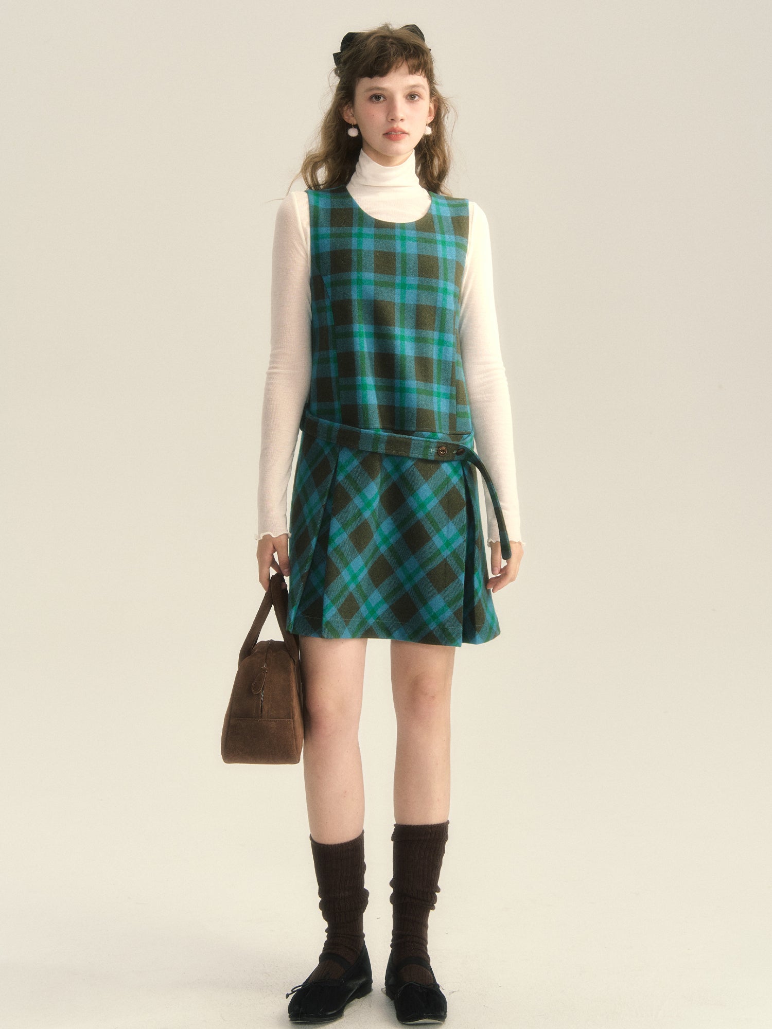 Wool Checked Sleeveless U-Neck Layered One-Piece