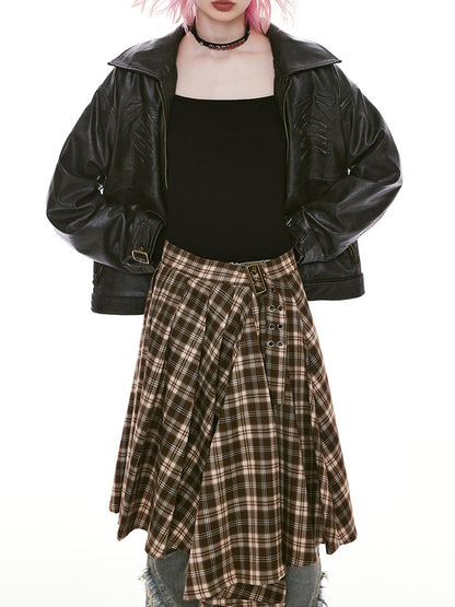 Casual Checked Retro Pleats Retro Flare Skirt