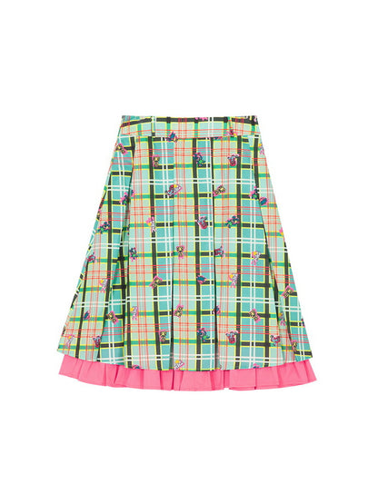 Checked Embroidery Bear Animal Tiered Fancy Flare-Skirt