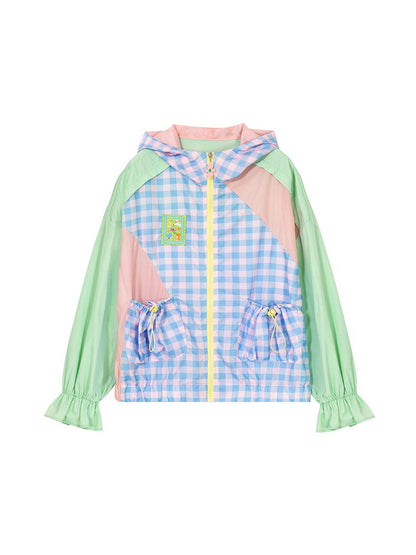 Candy-Sleeve Checked Hoodie Drawstring Fancy Parka