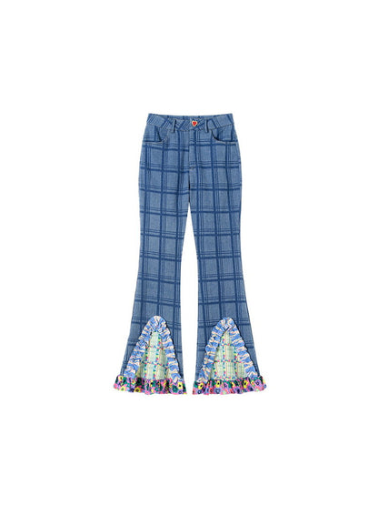 Denim Checked Nichi Frill Flower Fancy Flare-Pants