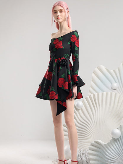 Off-Shoulder Rose Flower Flare-Sleeve Elegant One-Piece