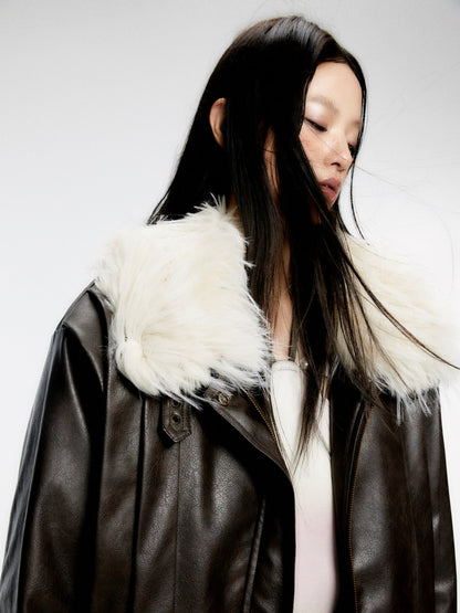 Fur-Neck Smooth Ovresize High-End Leather-Jacket